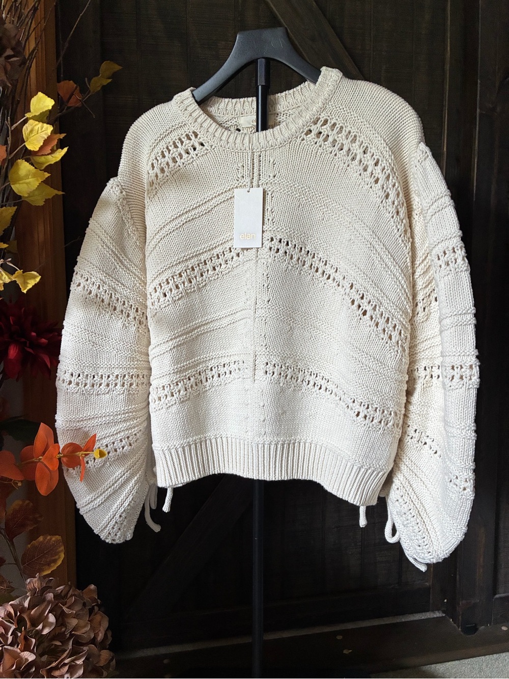 Elan Cream Openwork Crewneck Sweater